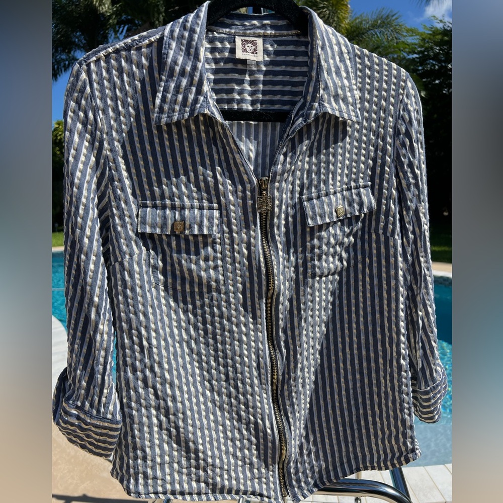 Anne Klein Metallic Striped Zip Front Top – Blue & Gold – Size XL – Like New